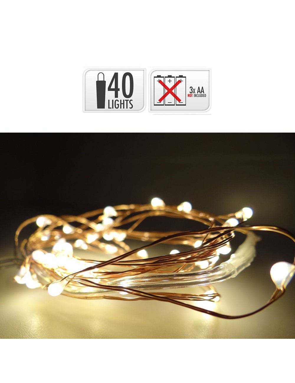 Guirnalda a pilas, función fija, uso interior, blanco cálido, cable alambre cobre, 40 leds, 195 cm