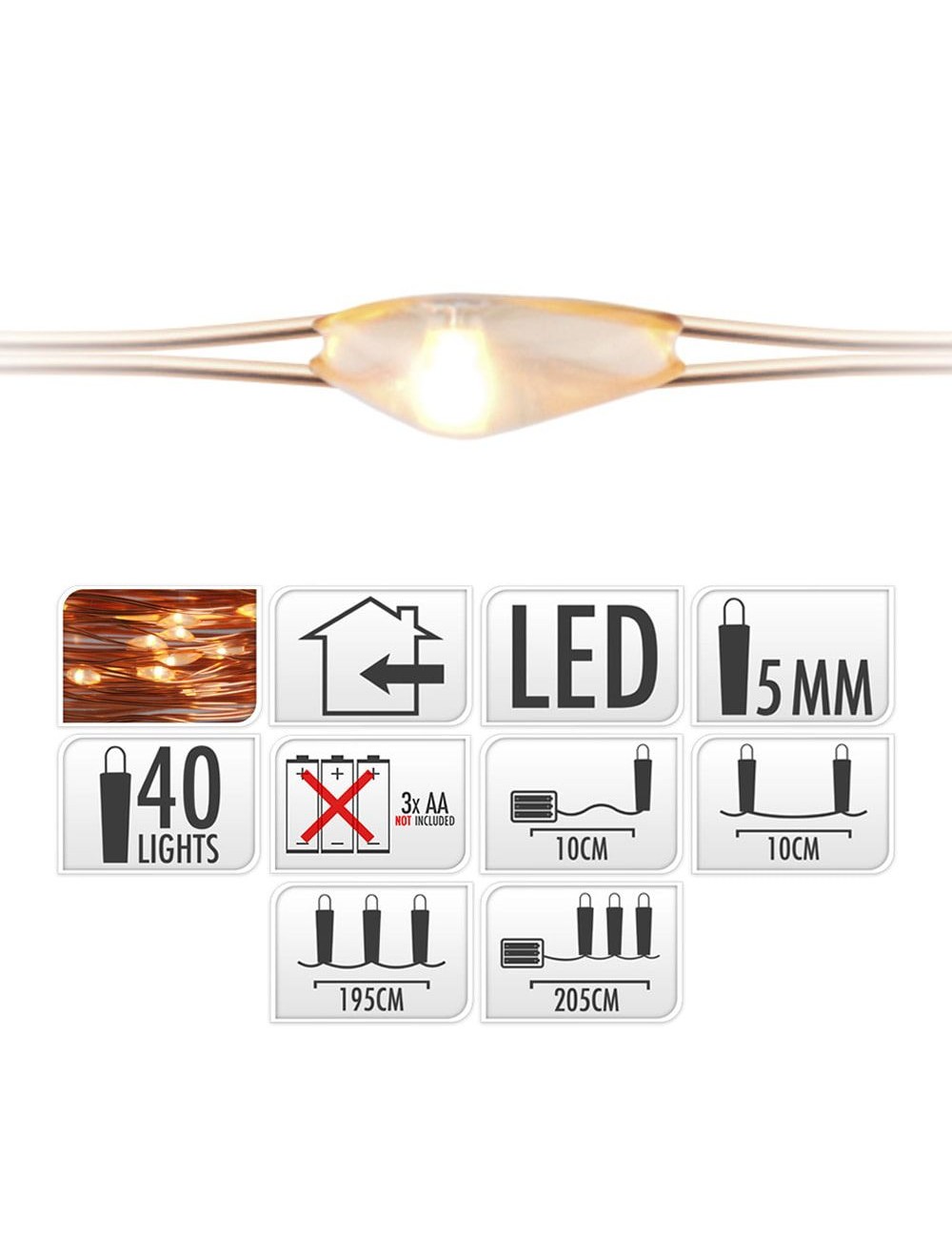 Guirnalda a pilas, función fija, uso interior, blanco cálido, cable alambre cobre, 40 leds, 195 cm