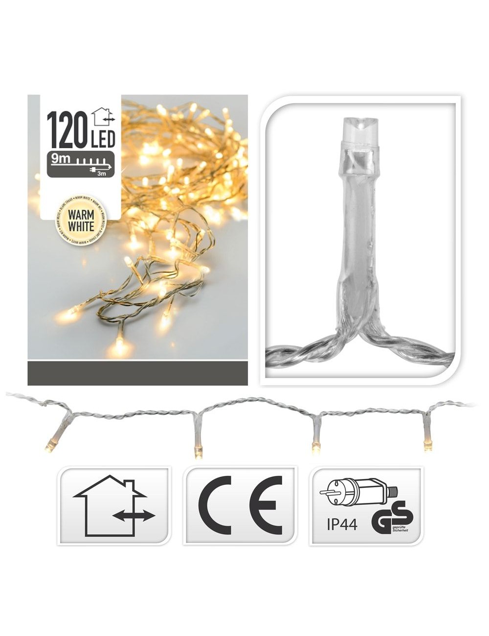 Guirnalda con función fija, uso exterior, blanco cálido, cable transparente, 120 leds, 9 m