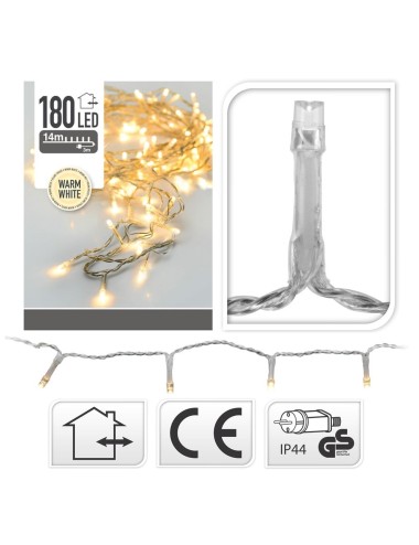 Guirnalda con función fija, uso exterior, blanco cálido, cable transparente, 180 leds, 13,50 m