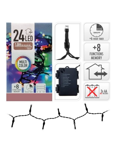 Guirnalda a pilas, multifunción, uso exterior, multicolor, cable negro, 24 leds, 2,30 m