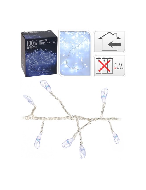 Guirnalda a pilas, función fija, uso interior, tipo espino, blanco frío, 100 leds, 1,50 m