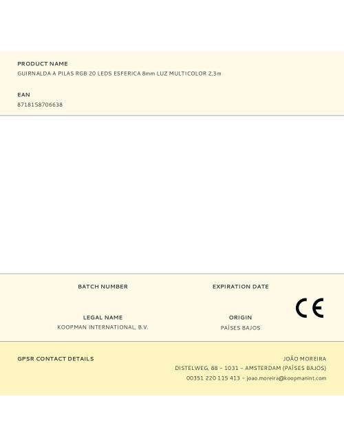 Guirnalda a pilas, función fija, uso interior, esférica ø8 mm, multicolor, 20 leds, 2,30 m