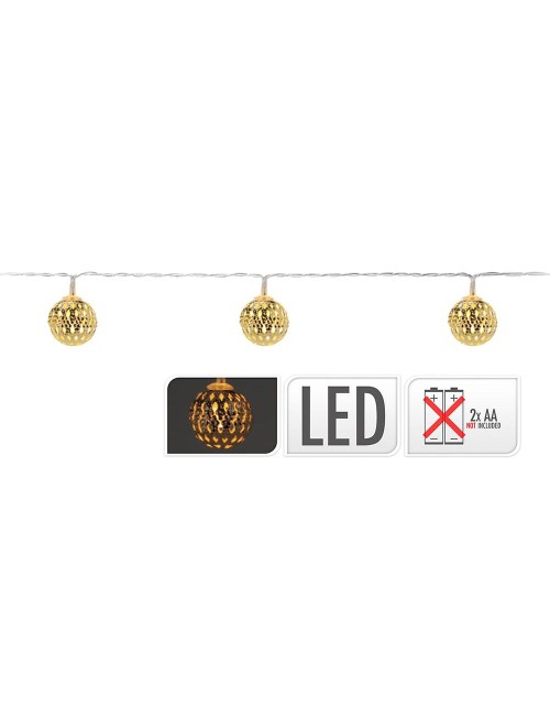 Guirnalda a pilas, función fija, uso interior, con bolas, blanco cálido, 10 leds, 1,30 m, oro