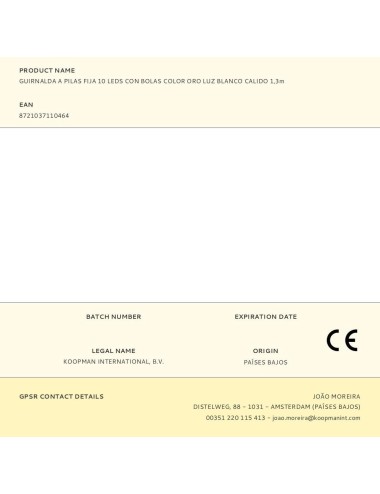 Guirnalda a pilas, función fija, uso interior, con bolas, blanco cálido, 10 leds, 1,30 m, oro