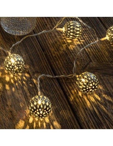 Guirnalda a pilas, función fija, uso interior, con bolas, blanco cálido, 10 leds, 1,30 m, plata