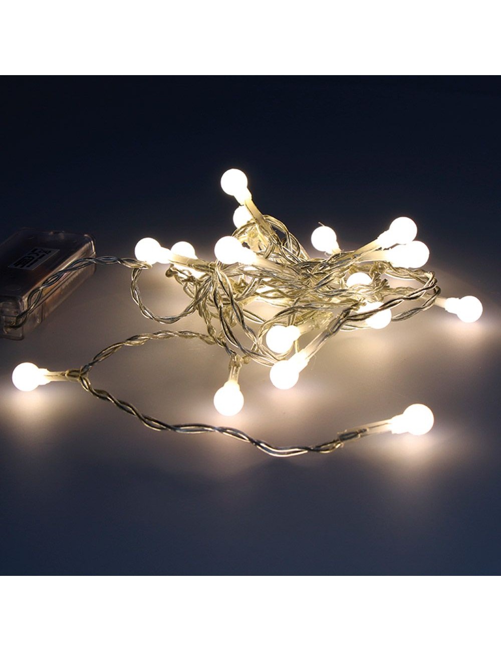 Guirnalda a pilas, función fija, uso interior, esférica ø8 mm, blanco cálido, 20 leds, 2,30 m