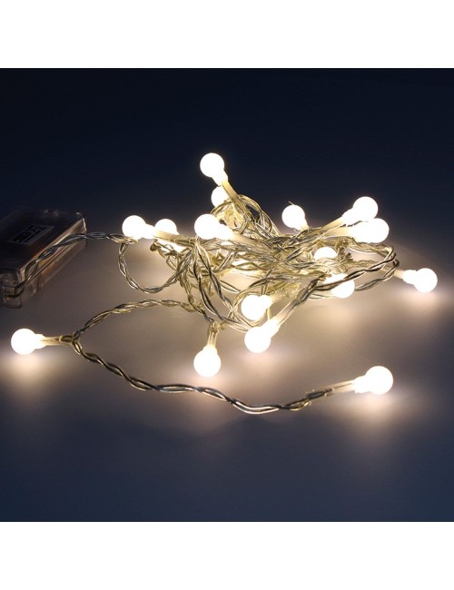 Guirnalda a pilas, función fija, uso interior, esférica ø8 mm, blanco cálido, 20 leds, 2,30 m
