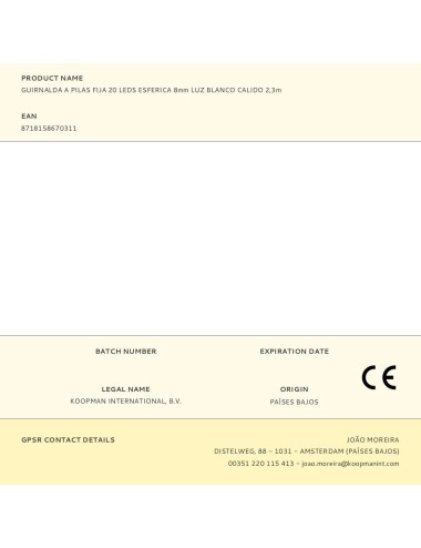 Guirnalda a pilas, función fija, uso interior, esférica ø8 mm, blanco cálido, 20 leds, 2,30 m