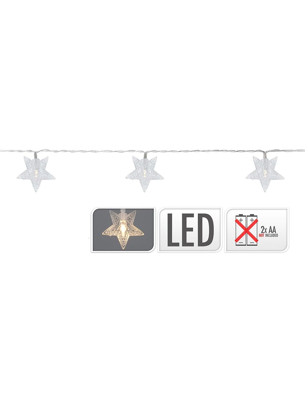 Guirnalda a pilas, función fija, uso interior, con estrellas, blanco frío, 10 leds, 1,30 m