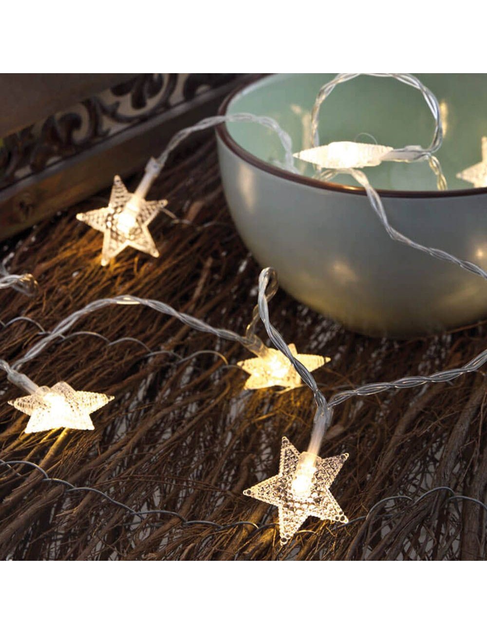 Guirnalda a pilas, función fija, uso interior, con estrellas, blanco frío, 10 leds, 1,30 m