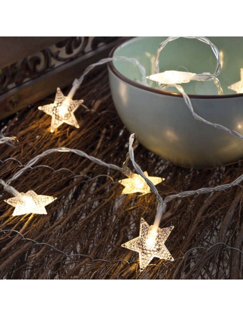 Guirnalda a pilas, función fija, uso interior, con estrellas, blanco frío, 10 leds, 1,30 m