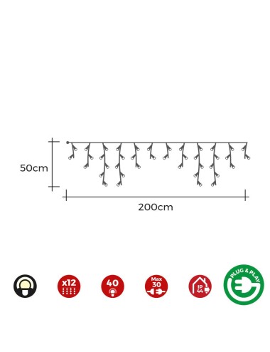 Cortina icicle con programador easy-connect multifunción 2x0,5m 12 tiras 40 leds blanco calido