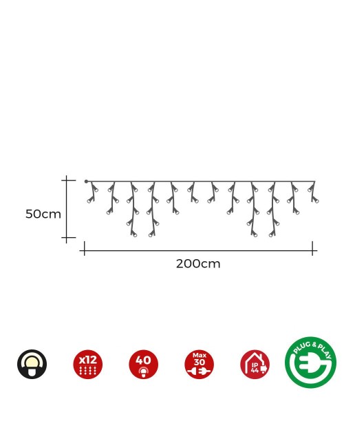Cortina icicle con programador easy-connect multifunción 2x0,5m 12 tiras 40 leds blanco calido
