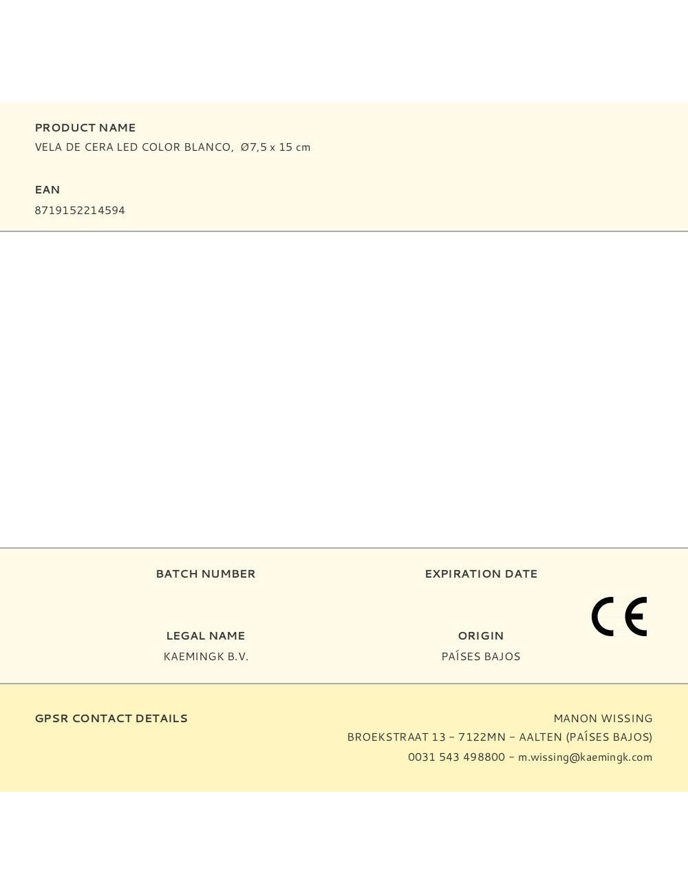 Vela de cera led color blanco, ø7,5 x 15 cm