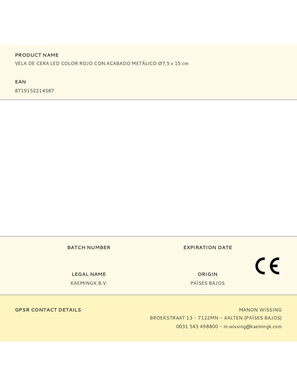 Vela de cera led color rojo con acabado metálico ø7,5 x 15 cm