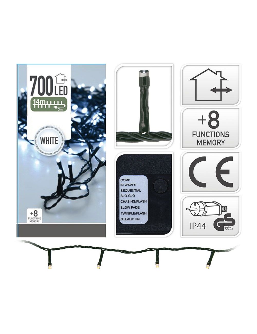 Guirnalda multifunción, uso exterior, tipo espino, luz fría, 700 leds, 14 m