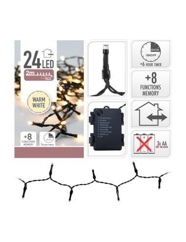 Guirnalda a pilas, multifunción, uso exterior, blanco cálido, cable negro, 24 leds, 2,30 m