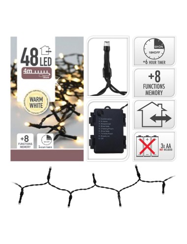Guirnalda a pilas, multifunción, uso exterior, blanco cálido, cable negro, 48 leds, 4 m