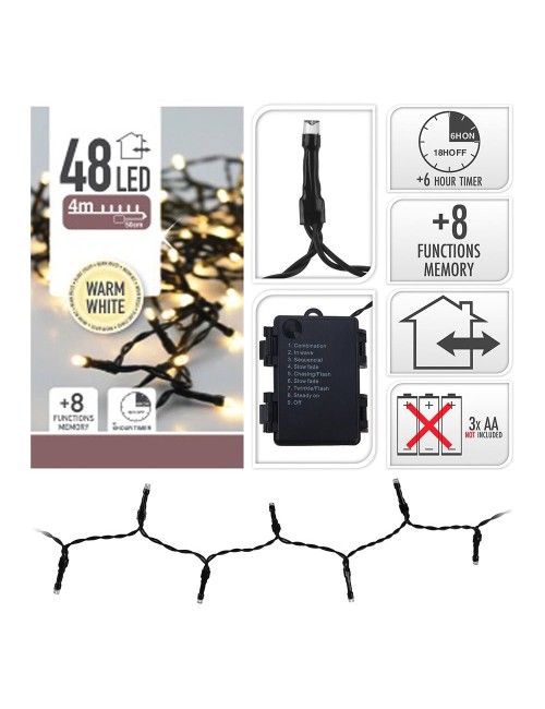 Guirnalda a pilas, multifunción, uso exterior, blanco cálido, cable negro, 48 leds, 4 m