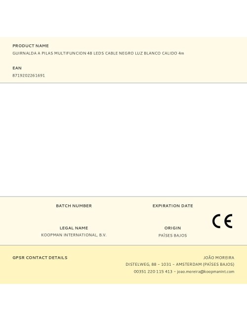 Guirnalda a pilas, multifunción, uso exterior, blanco cálido, cable negro, 48 leds, 4 m