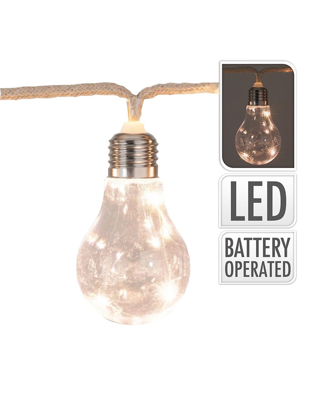 Guirnalda a pilas, función fija, uso interior, 10 bombillas con 3 leds, blanco cálido, 2,55 m