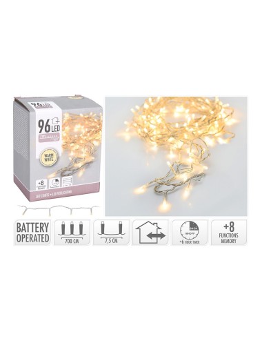 Guirnalda a pilas, multifunción, uso exterior, blanco cálido, cable transparente, 96 leds, 7,50 m