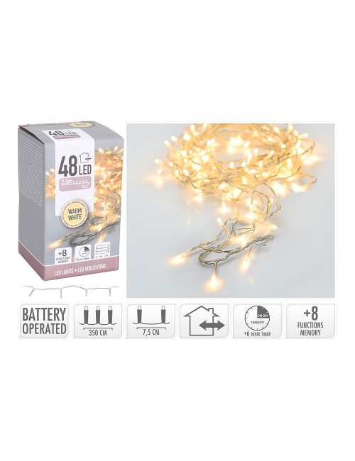 Guirnalda a pilas, multifunción, uso exterior, blanco cálido, cable transparente, 48 leds, 4 m