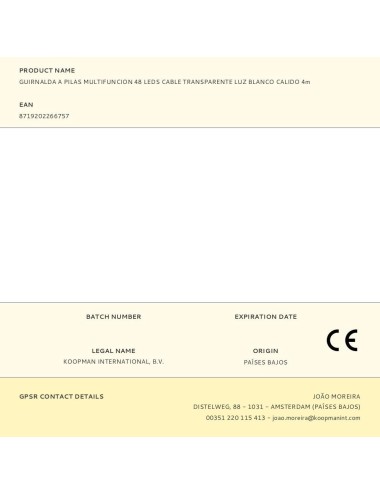 Guirnalda a pilas, multifunción, uso exterior, blanco cálido, cable transparente, 48 leds, 4 m