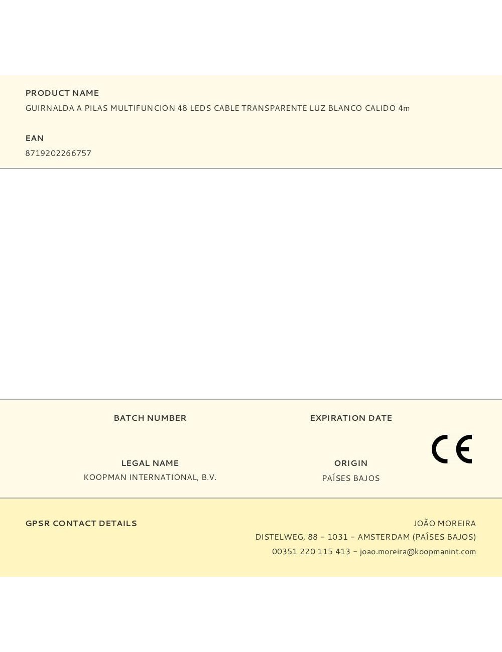 Guirnalda a pilas, multifunción, uso exterior, blanco cálido, cable transparente, 48 leds, 4 m