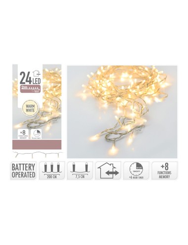 Guirnalda a pilas, multifunción, uso exterior, blanco cálido, cable transparente, 24 leds, 2,30 m