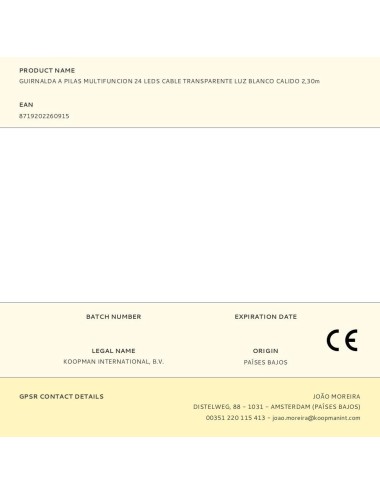 Guirnalda a pilas, multifunción, uso exterior, blanco cálido, cable transparente, 24 leds, 2,30 m