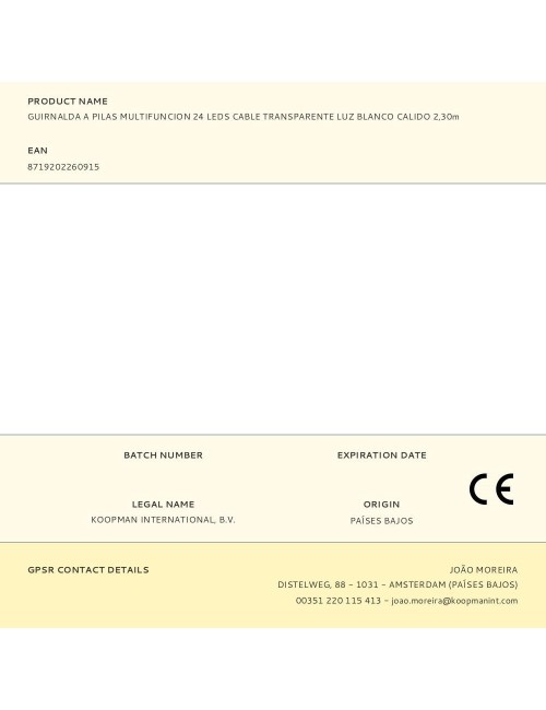 Guirnalda a pilas, multifunción, uso exterior, blanco cálido, cable transparente, 24 leds, 2,30 m