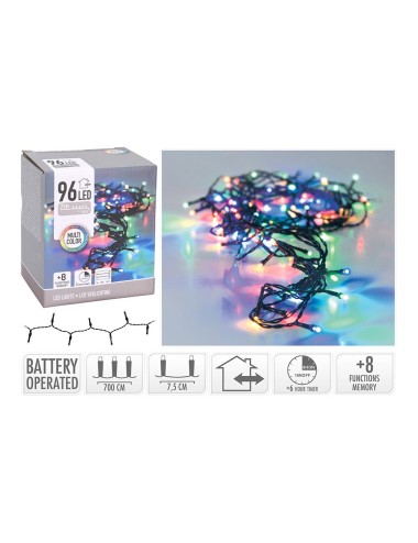 Guirnalda a pilas, multifunción, uso exterior, multicolor, cable negro, 96 leds, 7,50 m