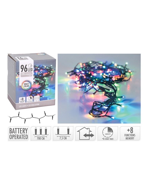 Guirnalda a pilas, multifunción, uso exterior, multicolor, cable negro, 96 leds, 7,50 m