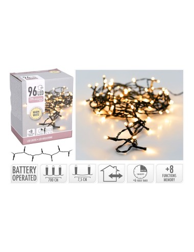 Guirnalda a pilas, multifunción, uso exterior, blanco cálido, cable negro, 96 leds, 7,50 m