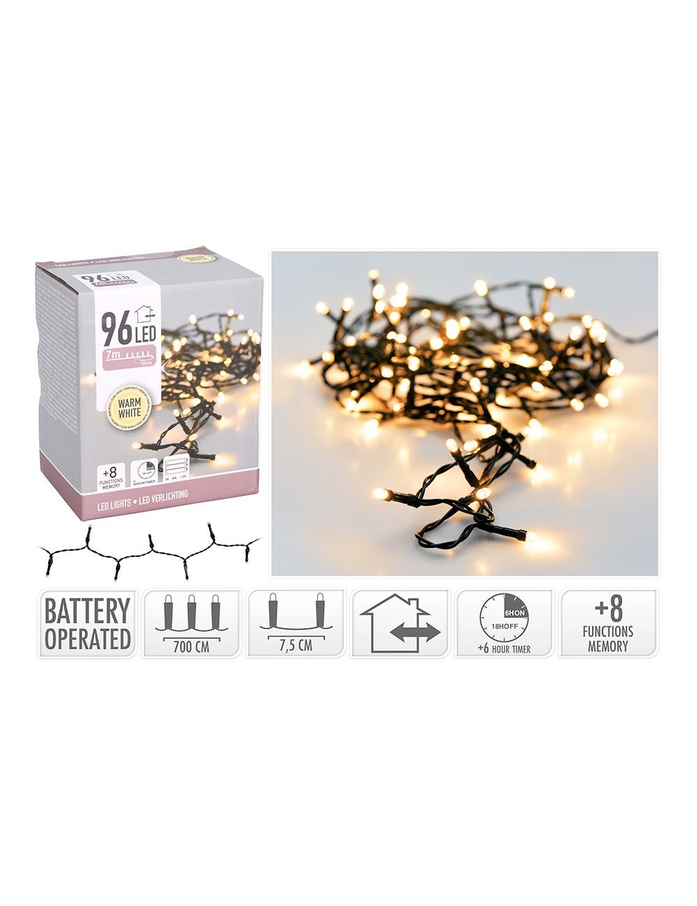 Guirnalda a pilas, multifunción, uso exterior, blanco cálido, cable negro, 96 leds, 7,50 m