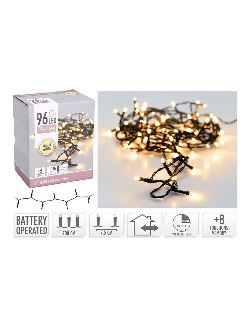 Guirnalda a pilas, multifunción, uso exterior, blanco cálido, cable negro, 96 leds, 7,50 m