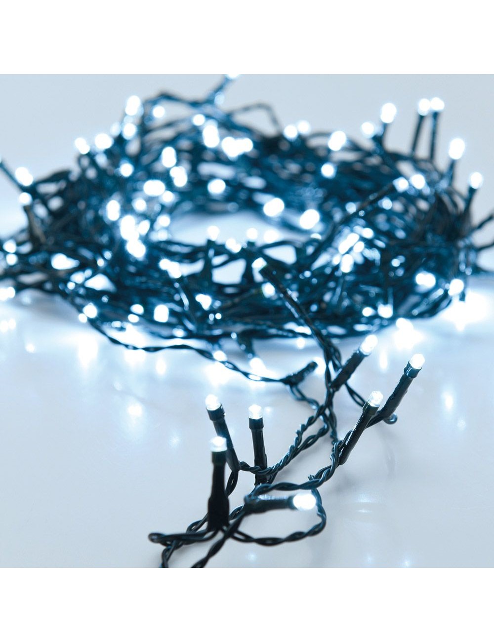 Guirnalda a pilas, multifunción, uso exterior, blanco frío, cable negro, 96 leds, 7,50 m