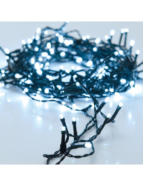 Guirnalda a pilas, multifunción, uso exterior, blanco frío, cable negro, 96 leds, 7,50 m
