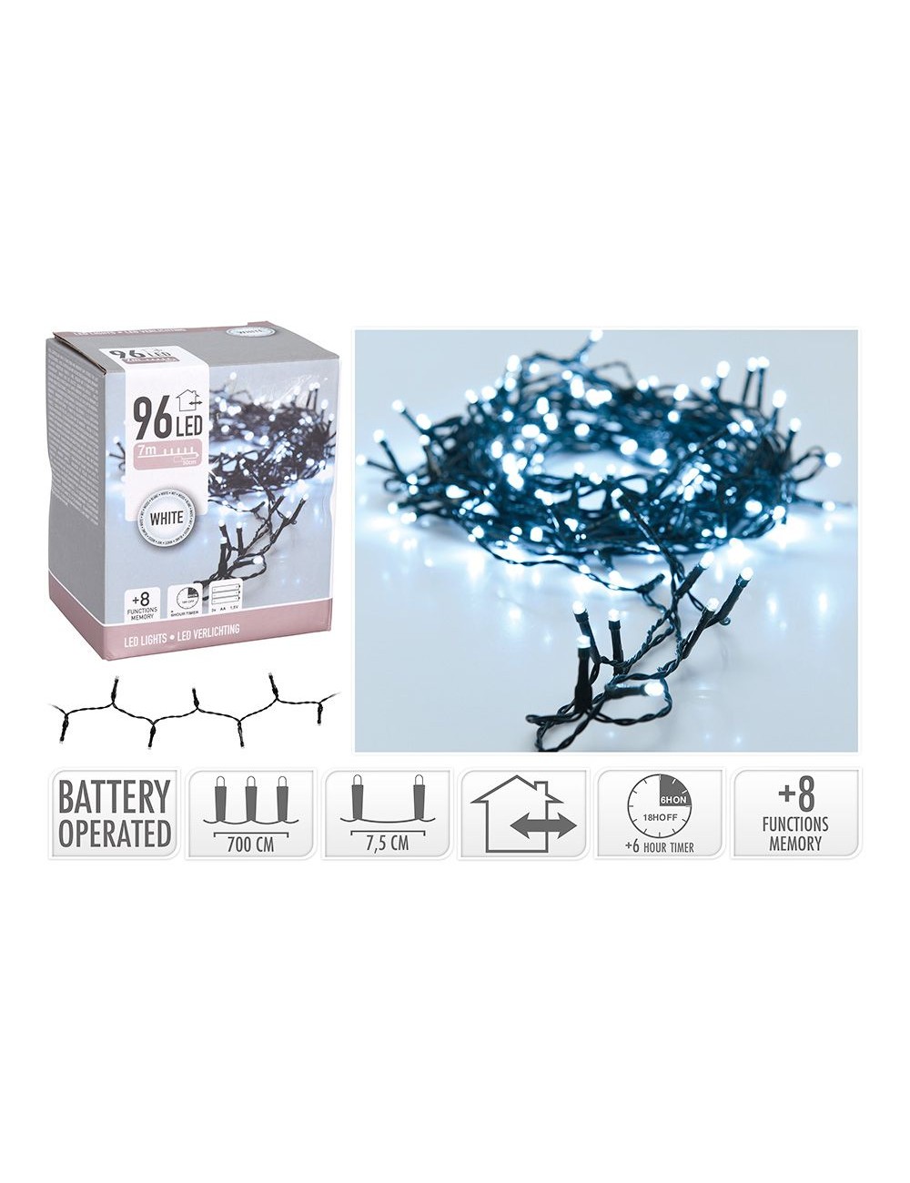 Guirnalda a pilas, multifunción, uso exterior, blanco frío, cable negro, 96 leds, 7,50 m