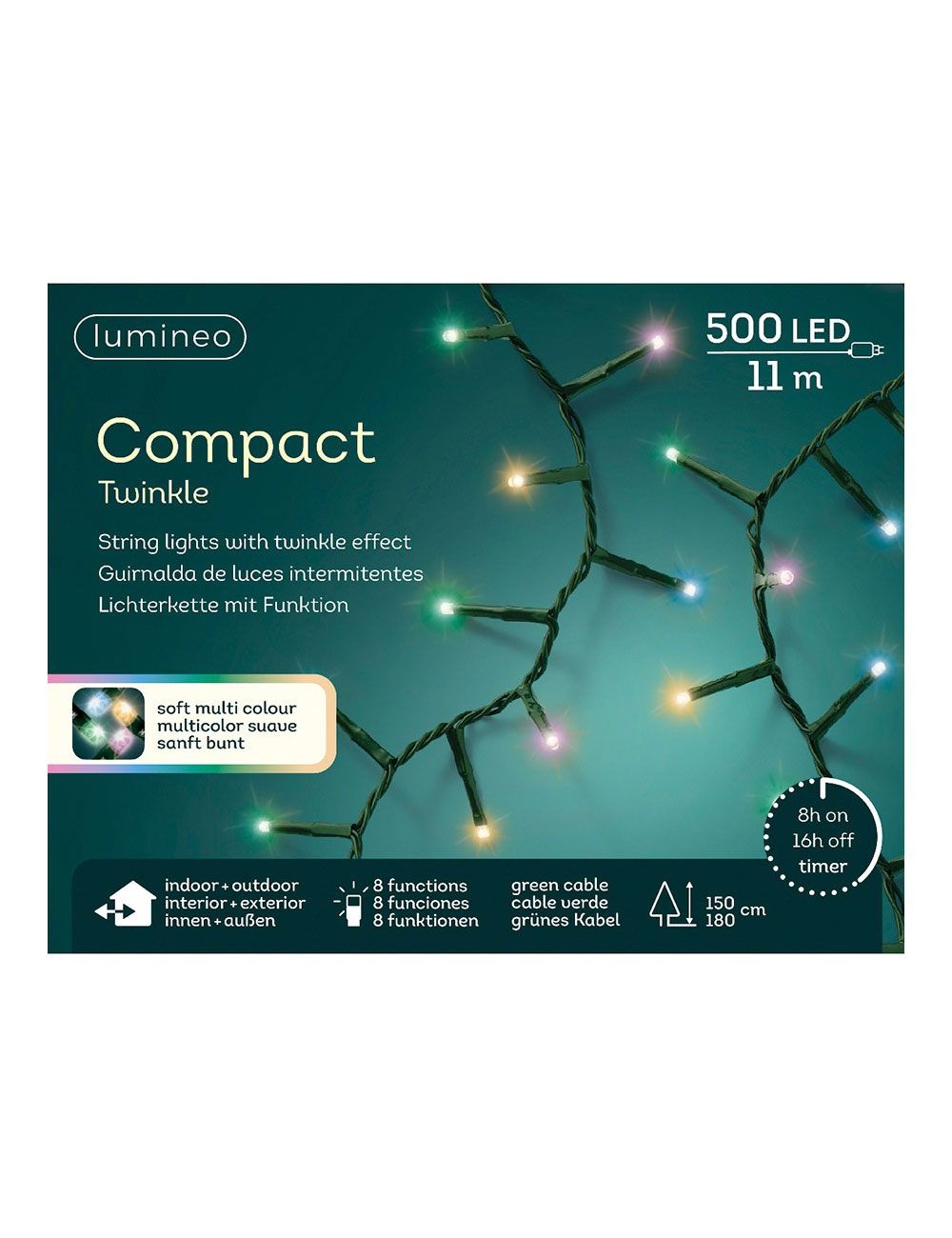 Guirnalda multifunción, uso exterior, led compact, multicolor pastel, cable verde, 500 leds, 16 m