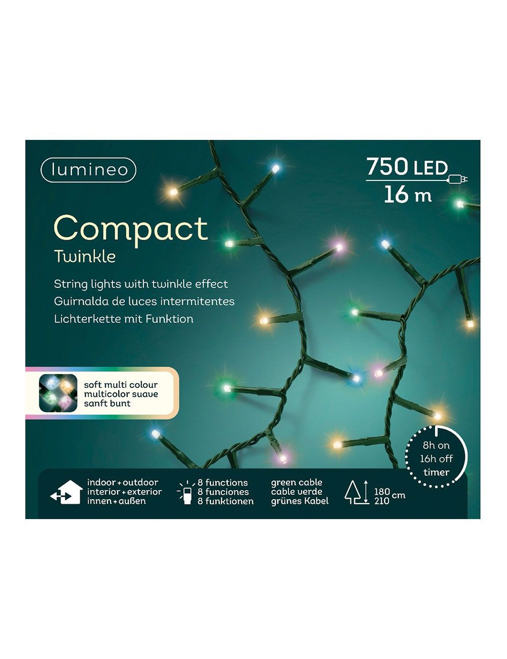 Guirnalda multifunción, uso exterior, led compact, multicolor pastel, cable verde, 750 leds, 21 m