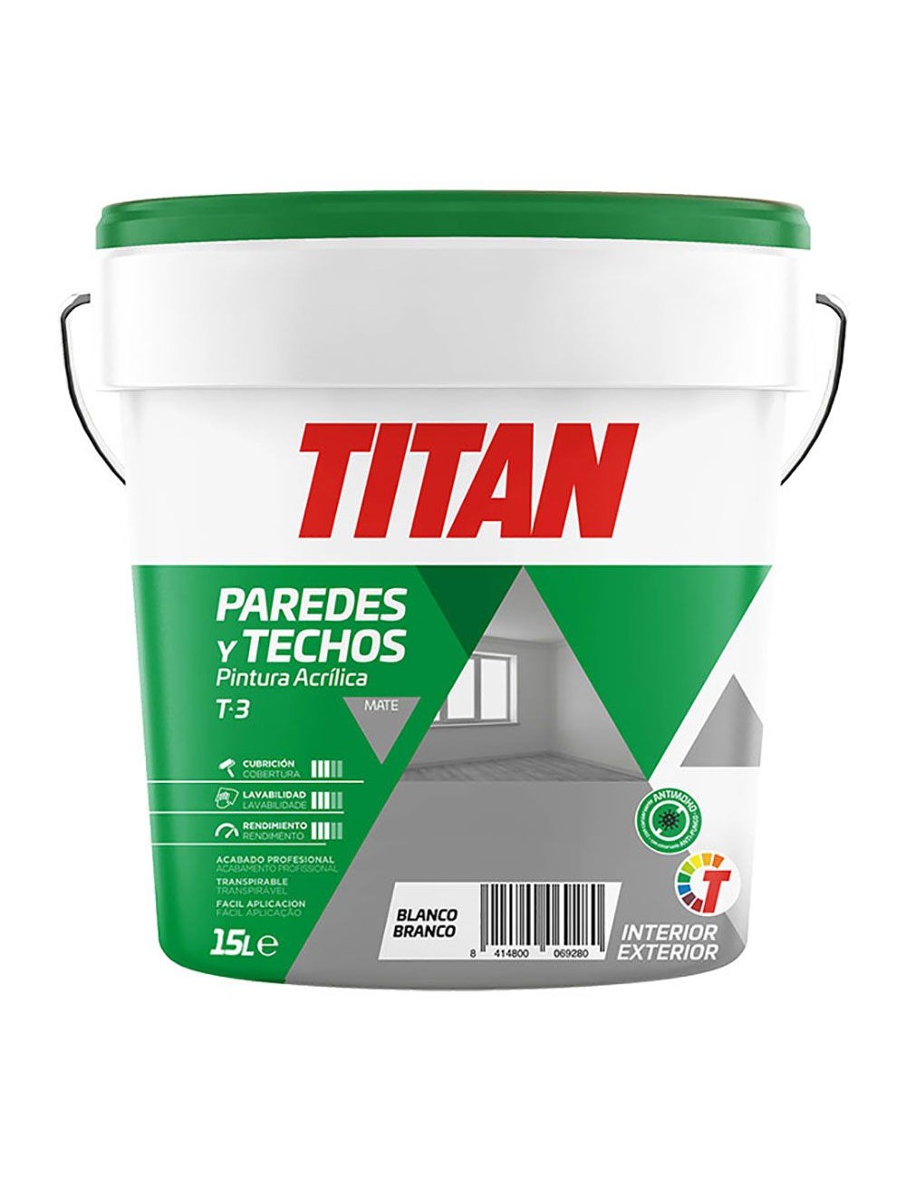Pintura plástica acrílica estirenada interior/exterior, antimoho t-3, blanco mate, 15 l