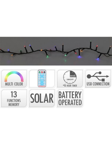 Guirnalda led solar 480 leds 13 funciones parpadeante exterior multicolor cable verde 20 m