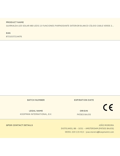 Guirnalda solar recargable, 480 leds, multifunción, luz cálida, exterior, 21,6 m