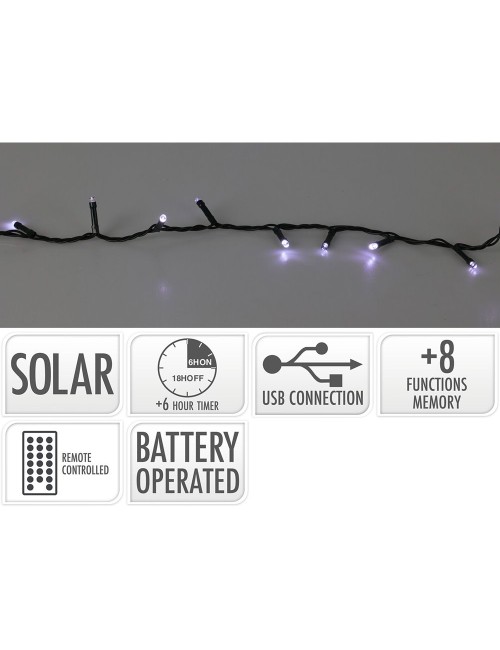 Guirnalda led solar 400 leds 13 funciones parpadeante exterior blanco frio cable verde 20 m