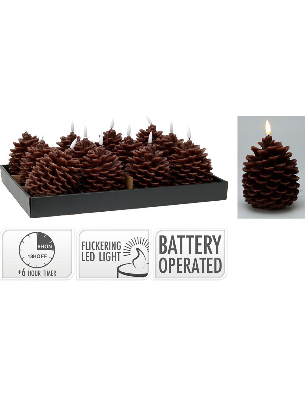 Vela de cera led efecto llama con forma de piña, marrón, 13 cm