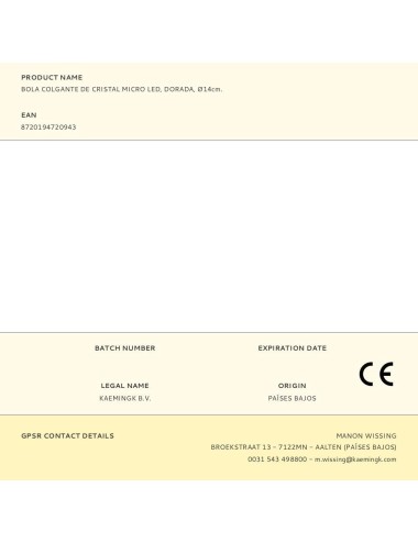 Bola colgante de cristal micro led, dorada, ø14cm.