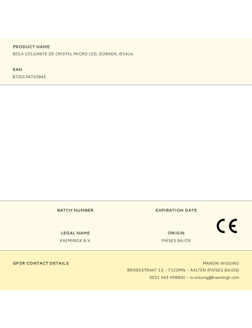 Bola colgante de cristal micro led, dorada, ø14cm.